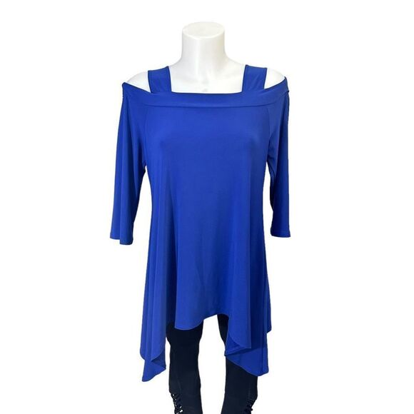 CLara Sun Woo Royal Blue‎ cold Shoulder Flowy Handkerchief Hem Blouse sz M - Picture 1 of 7
